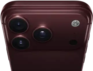 iPhone 18 Pro Max, burgundy colour (dark red), back exterior, Pro Fusion camera system at top, 3 lenses, variable aperture blades partially closed, flash, microphone and LiDAR Scanner, top exterior, cellular antenna, flat sides, rounded edges