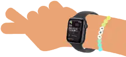 Cartoon illustration of kid's wrist wearing Apple Watch SE 3 with the Messages app open on the screen