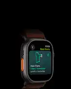 Apple Watch Ultra 4, titanium case, black colour, Race Route feature with a map of a running route, left side exterior, Action button, Alpine Loop band, burgundy colour