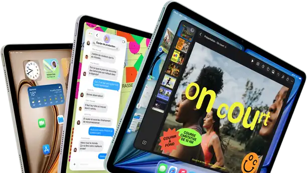 Trois iPad Air disposés en éventail, de couleur bleu, violet, comète, face avant, vue latérale, parmi les apps affichées à l’écran : Keynote, Messages et l’écran d’accueil