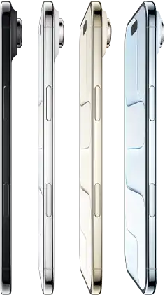 iPhone Air, side exterior, all four finishes, Sky Blue, Light Gold, Cloud White, Space Black, very thin profile, Fusion camera system, buttons: side, Camera Control