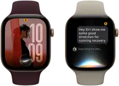 Three Apple Watch Series 12 devices, one with light gold aluminum case, Siri AI conversation, sand Sport Band, one with light gold aluminum case, personalized photo on watch face with Siri AI complication, burgundy Sport Band, and one with space gray aluminum case, Siri Recap, black Sport Band