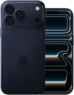 Côte à côte, iPhone 17 Pro Max, face arrière, système caméra Pro, 3 objectifs, microphone, flash, bleu foncé, iPhone 17 Pro, face avant, écran intégral, bleu foncé