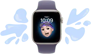Apple Watch SE 3, aluminum case, startlight colour, Memoji watch face, illustrated water splashes off water-resistance device, purple fog Sport Band