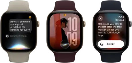 Three Apple Watch Series 12 devices, one with light gold aluminum case, Siri AI conversation, sand Sport Band, one with light gold aluminum case, personalized photo on watch face with Siri AI complication, burgundy Sport Band, and one with space gray aluminum case, Siri Recap, black Sport Band