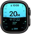 Apple Watch Ultra 4, titanium case, black colour, Depth app showing diving metrics, right side exterior, Digital Crown, raised side button