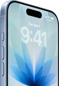 iPhone 17, exterior front, Blue Mist colour, Dynamic island centred, buttons: action button, volume