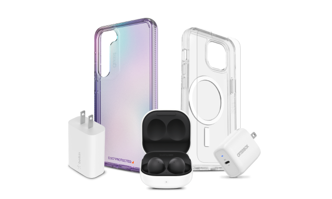 An OtterBox 3-in-1 charging station, Pixel Buds Pro, Gear4 phone case, JBL Flip 6 speaker and an LBT Mag Stream stand.