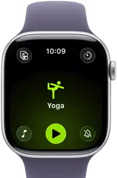 Apple Watch Series 11, aluminum silver case, Yoga Workout open, right side exterior: Digital Crown, purple fog Sport Band
