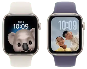 Fun and funny watch faces, Face 1: Koala Memoji, time centred at top of screen, Face 2: Photos, time in top-right corner