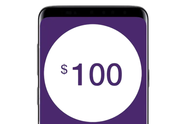 Smartphone with $100 in purple text on the screen.