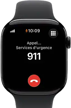 Apple Watch Series 11, boîtier en aluminium noir de jais, appel d’urgence au 911 à l’écran, côté droit extérieur : Digital Crown, bracelet sport noir