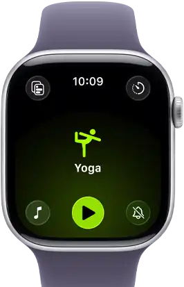 Apple Watch Series 11, aluminum silver case, Yoga Workout open, right side exterior: Digital Crown, purple fog Sport Band