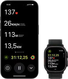 Vue Événement en direct montrant des données de cyclisme à la fois sur Apple Watch Ultra 2 et iPhone