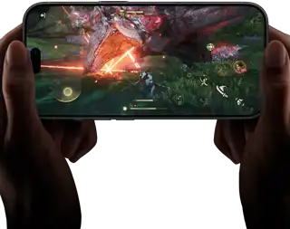 iPhone 18 Pro, front exterior, demonstrating the performance capabilities of the A20 Pro chip with a scene from the Monster Hunter Outlanders