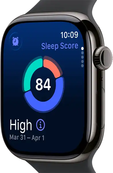 Up close Apple Watch Series 11 with a titanium slate case, showing sleep score on screen