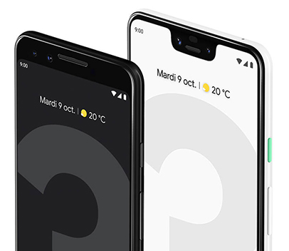 Google Pixel 3 en juste noir et Google Pixel 3 XL en franchement blanc