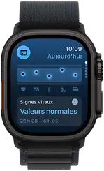 Apple Watch Ultra 3, noir, boîtier en titane, app Signes vitaux, tableau des données de santé, notification d’anomalies dans les signes vitaux nocturnes