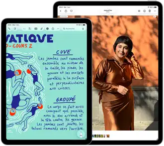 Deux iPad Air : 11 pouces et 13 pouces, l’iPad Air 11 pouces affiche du texte coloré dans l’app Notes, l’iPad Air 13 pouces affiche la photo d’une personne dans l’app Photos