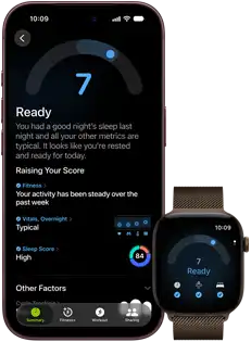 iPhone 18 Pro, black, front exterior, displaying the results of the Readiness status (score of 7), paired with Apple Watch, front facing, brown, displaying the same Readiness score of 7