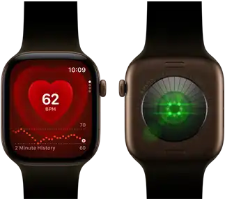 Two Apple Watch Series 12 devices, aluminum case, dark bronze color with olive Sport Band, one showing the Heart Rate app, the other with the Health Sensing System on the back of the watch, with glowing green LED lights