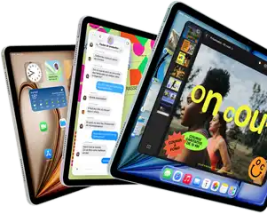 Trois iPad Air disposés en éventail, de couleur bleu, violet, comète, face avant, vue latérale, parmi les apps à l’écran : Keynote, Messages et l’écran d’accueil