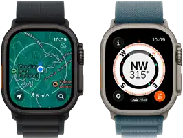 Two Apple Watch Ultra 3 devices, one showing maps and the other showing Backtrack features, including compass, elevation and marked waypoints