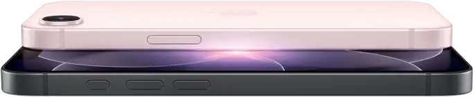 iPhone 17e, horizontal side and back exterior, soft pink colour, iPhone 17e, horizontal side and front exterior, black colour