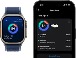 Apple Watch Ultra 3, titanium natural case, sleep score screen, breakdown in circle graph, score in center, band, blue Trail Loop