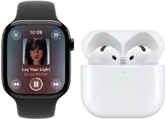 Apple Watch Series 11, boîtier en titane ardoise, bracelet : sport noir, app Musique ouverte, jumelée avec des AirPods 4