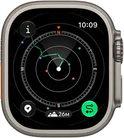 Apple Watch Ultra 4, titanium case, natural colour, Backtrack showing route with compass directions, right side exterior, Digital Crown, raised side button