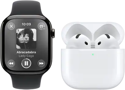 Apple Watch Series 11, titanium slate case, band: black sport band, Apple Music app open, paired with AirPods 4