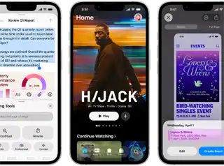 Side-by-side iPhone 17e devices showing different screens: a game being played, Writing Tools, Apple TV app, a calendar event being created, a Genmoji being created