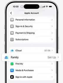 Parent's Apple account screen with Family Setup highlighted