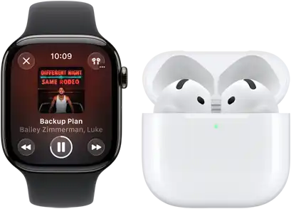 Apple Watch Series 11, titanium slate case, band: black sport band, Apple Music app open, paired with AirPods 4
