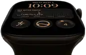 Apple Watch Series 12, aluminum case, dark bronze colour, Modular watch face, complications: day and date, Workouts, Activity rings, Apple Music, right side exterior, Digital Crown, Sport Band, olive colour