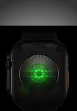 Back of Apple Watch Ultra 4, titanium case, black colour, multiple round sensors with glowing green LED lights