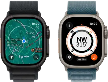 Two Apple Watch Ultra 3 devices, one showing maps and the other showing Backtrack features, including compass, elevation and marked waypoints