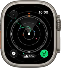 Apple Watch Ultra 4, titanium case, natural colour, Backtrack showing route with compass directions, right side exterior, Digital Crown, raised side button