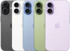 iPhone 17, exterior rear, Fusion dual-camera system, all five colours overlapping: Black, White, Mist Blue, Sage and Lavender