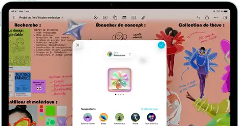 iPad Air, face avant, orientation paysage, boutons de réglage du volume, bouton d’alimentation, écran affichant une interface d’app colorée avec plusieurs icônes