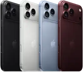 iPhone 18 Pro devices in a row, back exterior, all four colours: Burgundy, Glacier, Silver, Black, Pro Fusion camera system in top left corner, 3 lenses, microphone, flash