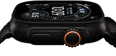 Apple Watch Ultra 3, side exterior, black titanium case, compass on Orienteering watch face, side button and digital crown