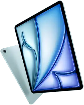 Face avant d’iPad Air 13 pouces, image colorée à l’écran, vue arrière d’iPad Air 11 pouces et de sa caméra arrière grand-angle 12 mégapixels