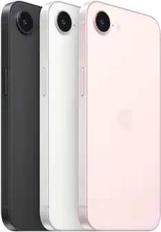 iPhone 17e, side and back exterior, black colour, side and back exterior, white colour, side and back exterior, soft pink colour, Fusion camera at top, side button