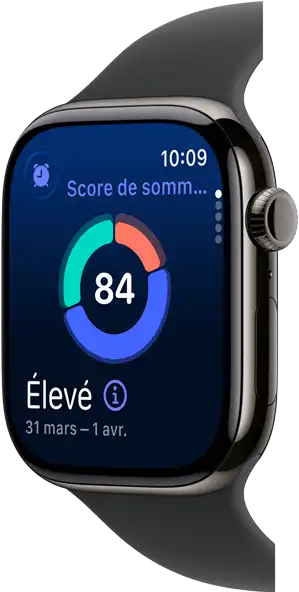 Vue rapprochée d’une Apple Watch Series 11 au boîtier en titane ardoise, affichant le score de sommeil à l’écran