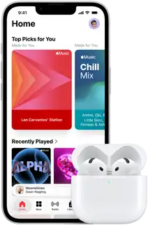 iPhone 17e, front exterior, Apple Music app with Home Screen open, next to AirPods Pro 3 in open MagSafe Charging case