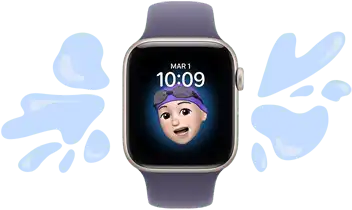 Apple Watch SE 3, boîtier en aluminium, comète, cadran Memoji, illustrations d’éclaboussures d’eau qui n’atteignent pas l’appareil résistant à l’eau, bracelet sport brume violette