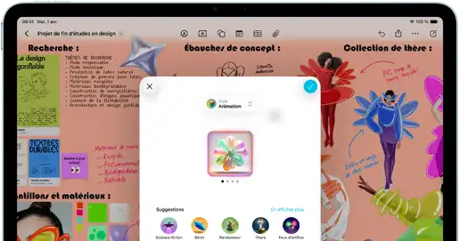 iPad Air, face avant, orientation paysage, boutons de réglage du volume, bouton d’alimentation, écran affichant une interface d’app colorée avec plusieurs icônes
