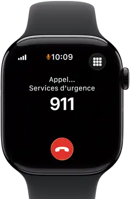 Apple Watch Series 11, boîtier en aluminium noir de jais, appel d’urgence au 911 à l’écran, côté droit extérieur : Digital Crown, bracelet sport noir
